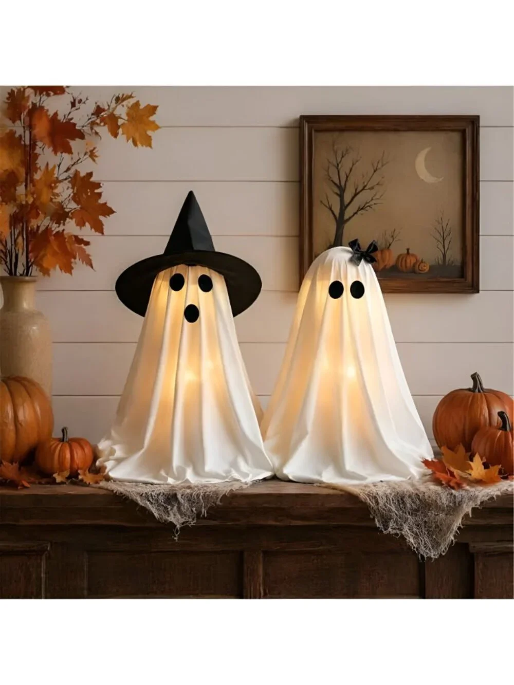 Halloween Decorations Light-Up Ghosts with Witch Hats, Indoor Ghost Decor